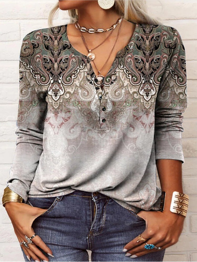Women's T-Shirts V-Neck Vintage Print Long Sleeve T-Shirt