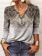 Women's T-Shirts V-Neck Vintage Print Long Sleeve T-Shirt