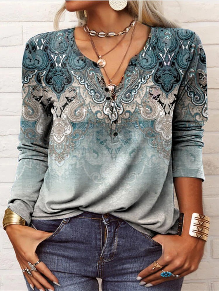 Women's T-Shirts V-Neck Vintage Print Long Sleeve T-Shirt