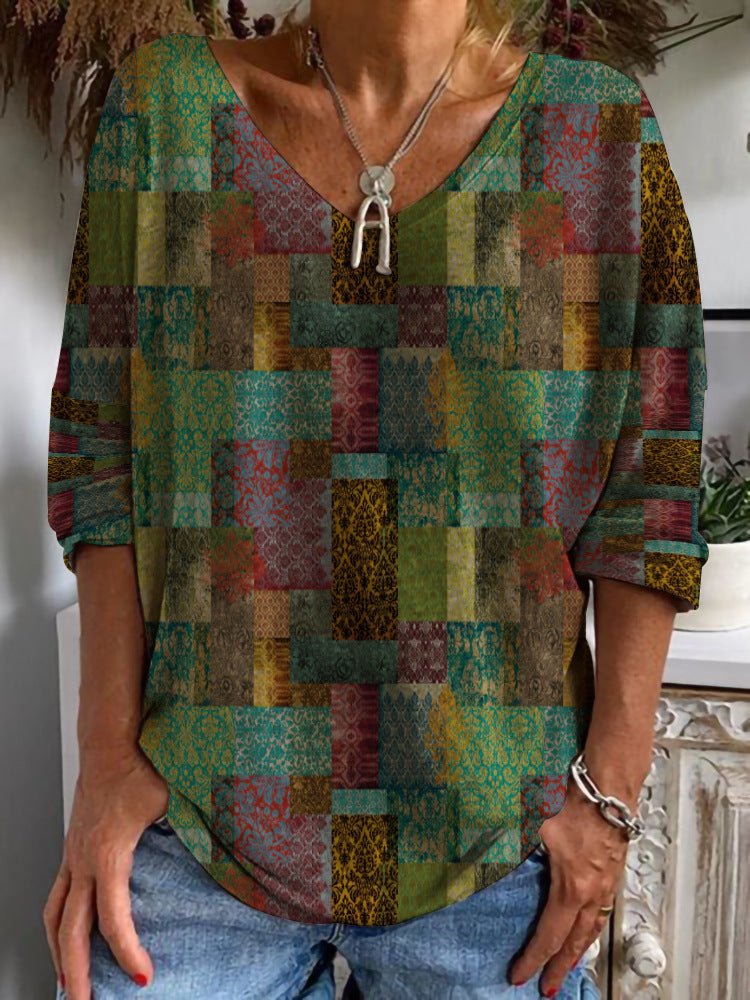 Women's T-Shirts Vintage Print V-Neck 3/4 Sleeve T-Shirt