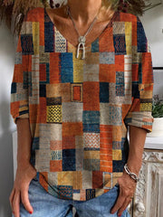 Women's T-Shirts Vintage Print V-Neck 3/4 Sleeve T-Shirt
