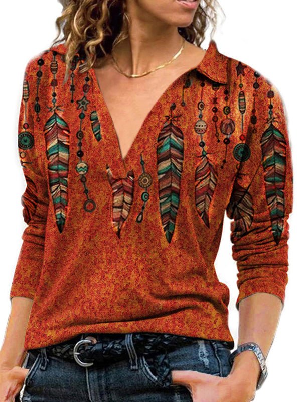 Women's T-Shirts Vintage V Neck Lapel Long Sleeve T-Shirt