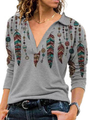 Women's T-Shirts Vintage V Neck Lapel Long Sleeve T-Shirt