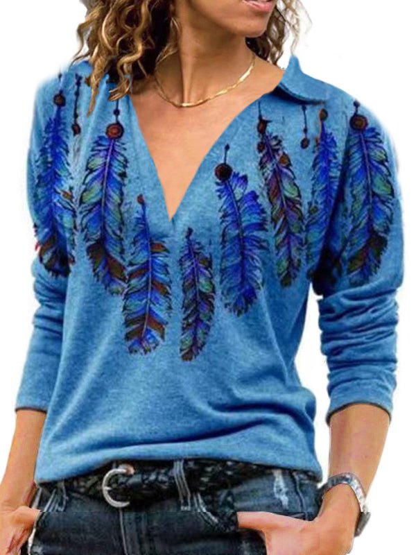 Women's T-Shirts Vintage V Neck Lapel Long Sleeve T-Shirt