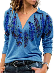 Women's T-Shirts Vintage V Neck Lapel Long Sleeve T-Shirt