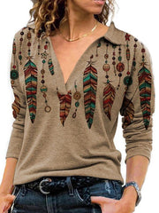Women's T-Shirts Vintage V Neck Lapel Long Sleeve T-Shirt