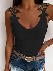 Women's Tank Tops Casual Solid V-Neck Lace Tank Top