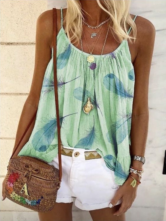 Women's Tank Tops Feather Print Sling Sleeveless Casual Vest