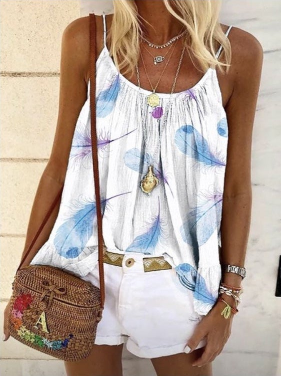 Women's Tank Tops Feather Print Sling Sleeveless Casual Vest