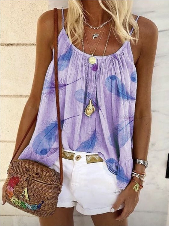 Women's Tank Tops Feather Print Sling Sleeveless Casual Vest