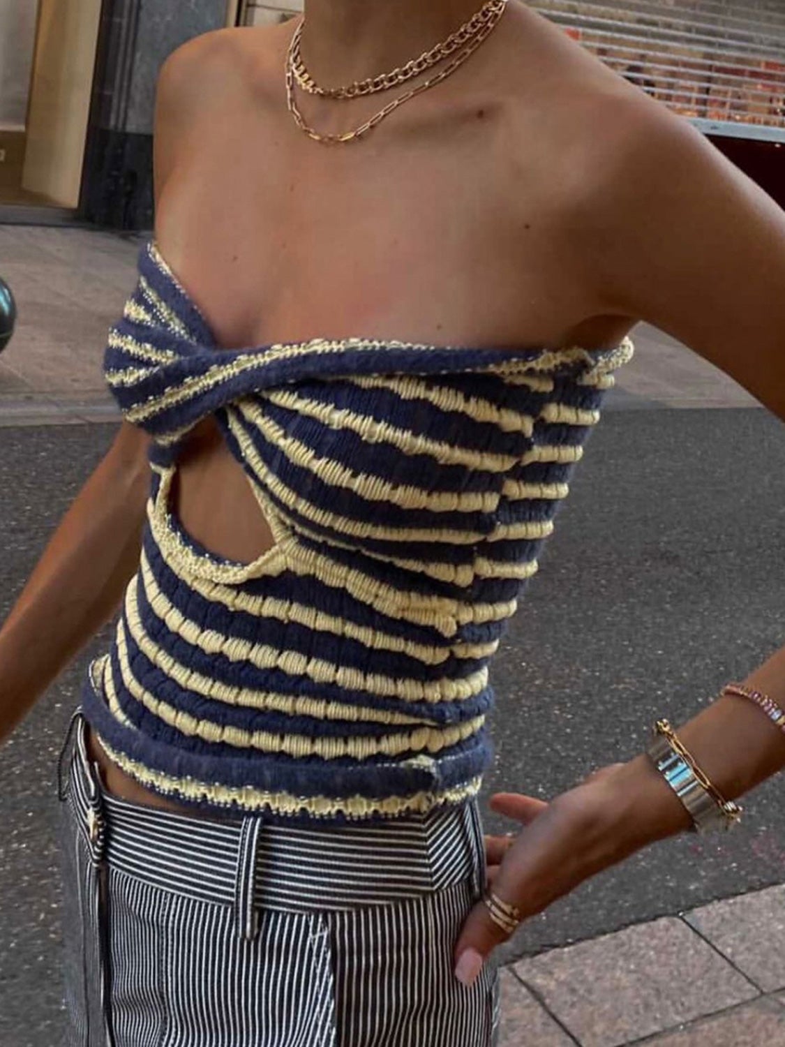 Women's Tank Tops Striped Hollow Knit Bandeau Tank Top