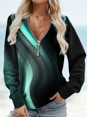 Women's T-Shirts Printed V-Neck Zip Long Sleeve T-Shirts
