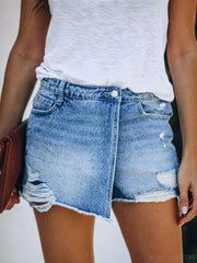 Casual Hole Denim Wrap Shorts