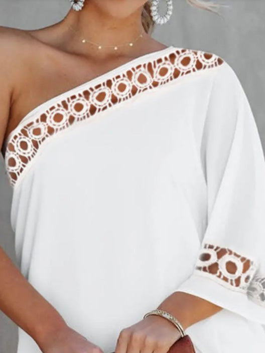Women's Dresses Loose Solid One Shoulder Lace Panel Dress Zittos Women's Dresses Loose Solid One Shoulder Lace Panel Dress Zittos