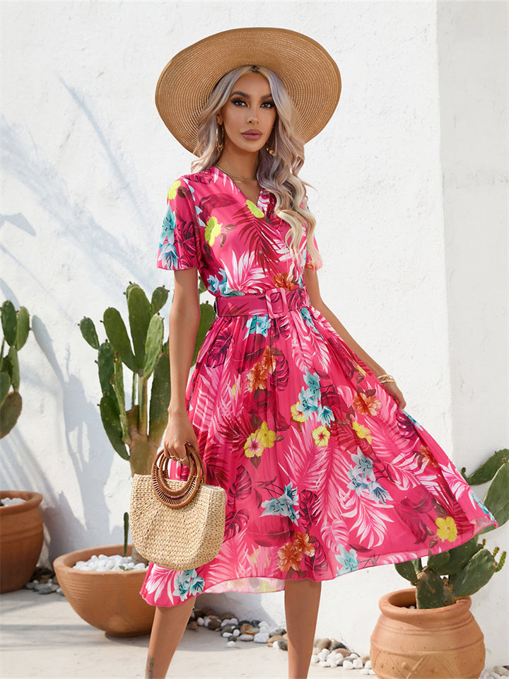 Summer Floral Print Crinkle Short Sleeve Dress V-neck Casual Dress Green Red S-2XL