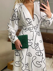 Women's Dresses Abstract Line Print V-Neck Long Sleeve Dress