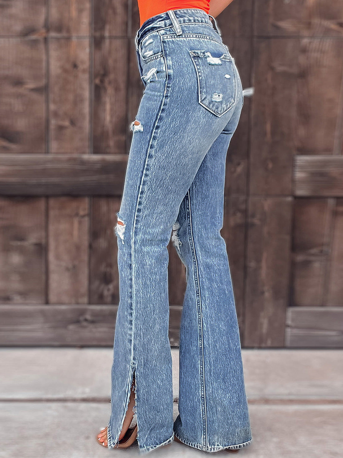Women's Jeans Washed Shredded Micro-Flare Slit Jeans