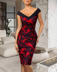 Floral Print Zip Back Foldover V Neck Bodycon Dress
