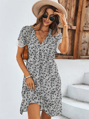 Fashion Women's Dresses Summer V-neck Chiffon Skirt Printed Short-sleeved Dress Yellow Green Black Blue
