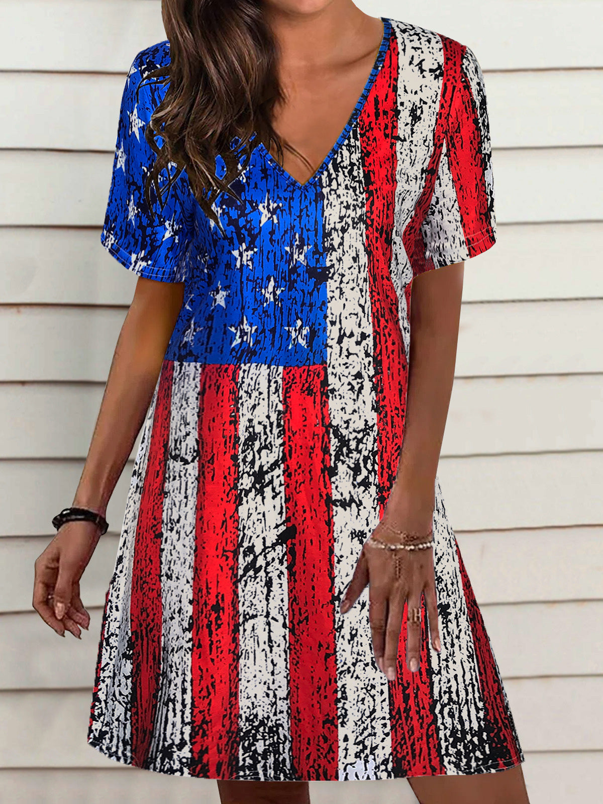 Women's Dresses Loose Star Stripe V-Neck Short Sleeve Dress