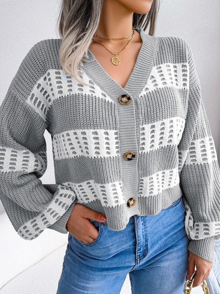 Women's Cardigans Contrast Button Balloon Sleeve Sweater Cardigan
