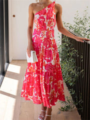 Summer Comfortable Casual Women's Print Sleeveless Personality Sloping Shoulder Swing High Waist Long Dress Dress