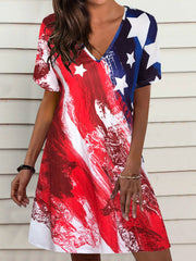 Women's Dresses Loose Star Stripe V-Neck Short Sleeve Dress