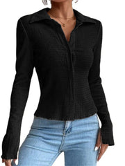Spring and Summer Women's Solid Color Patchwork Sleeve Openings Slim Type Cardigan Button Up Lapel Regular Sleeve T-shirt Comfortable Casual Style