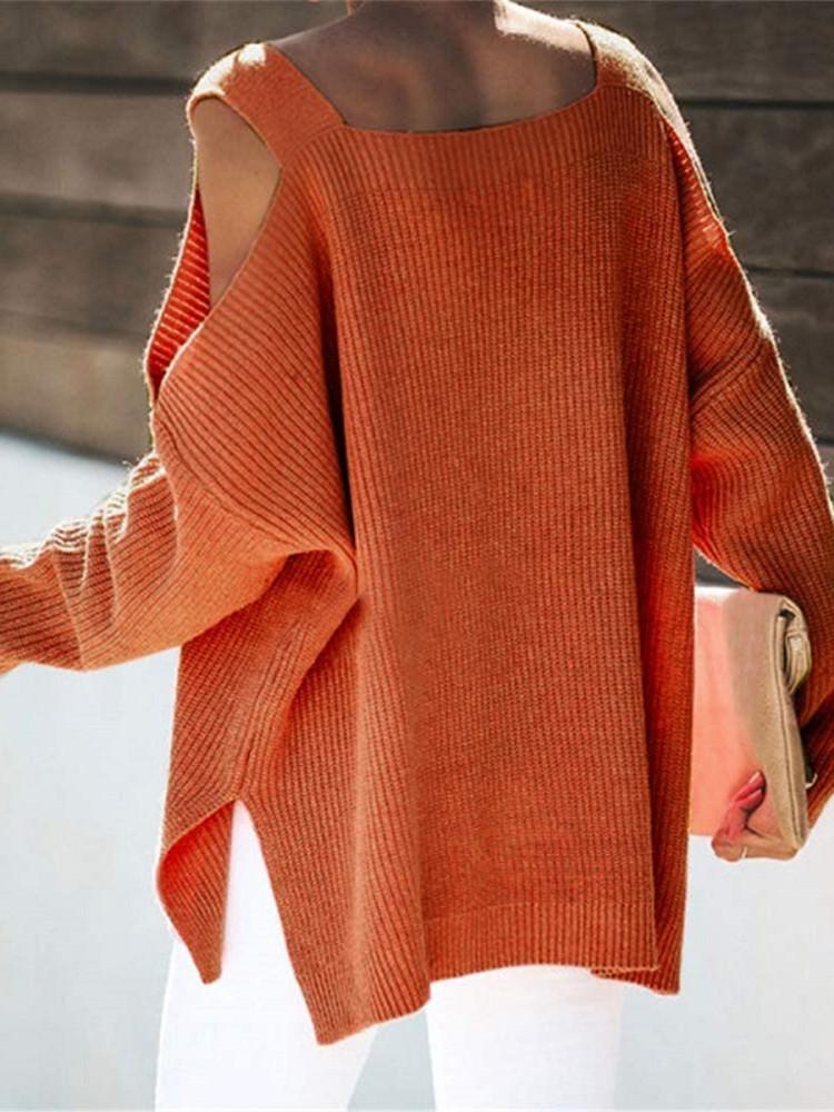 Cold Shoulder Solid Loose Sweater