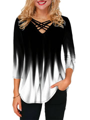 Criss Cross Neck Gradient Color Medium Sleeve T-shirt