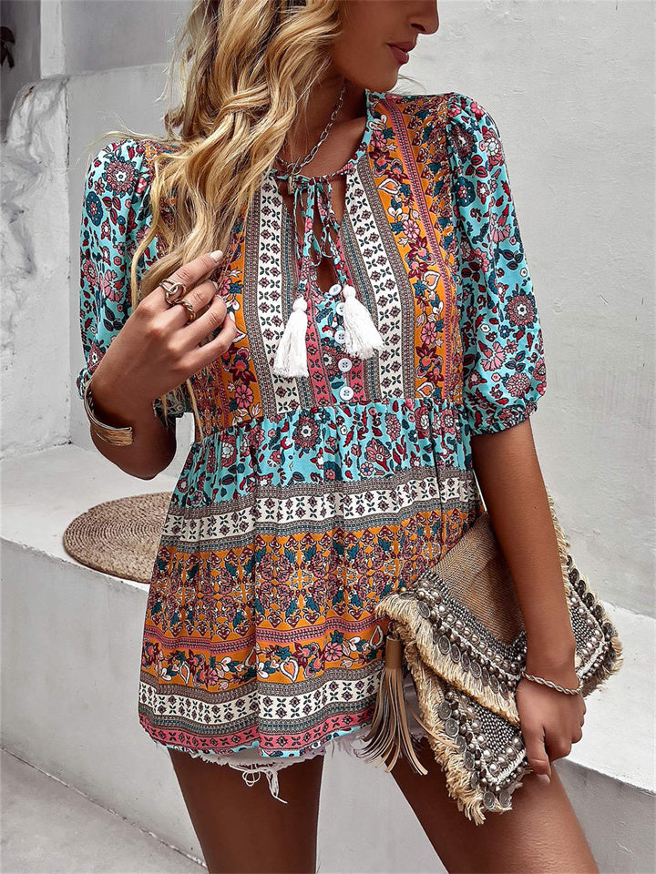 Tassel V-neck Print Casual Resort Style Tops Ladies Short Sleeve Blue Purple S M L XL