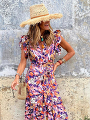 Spring and Summer Casual Temperament Women's Midriff Printed Long Dress Sleeveless V-neck Big Swing Dress Personality Street Style