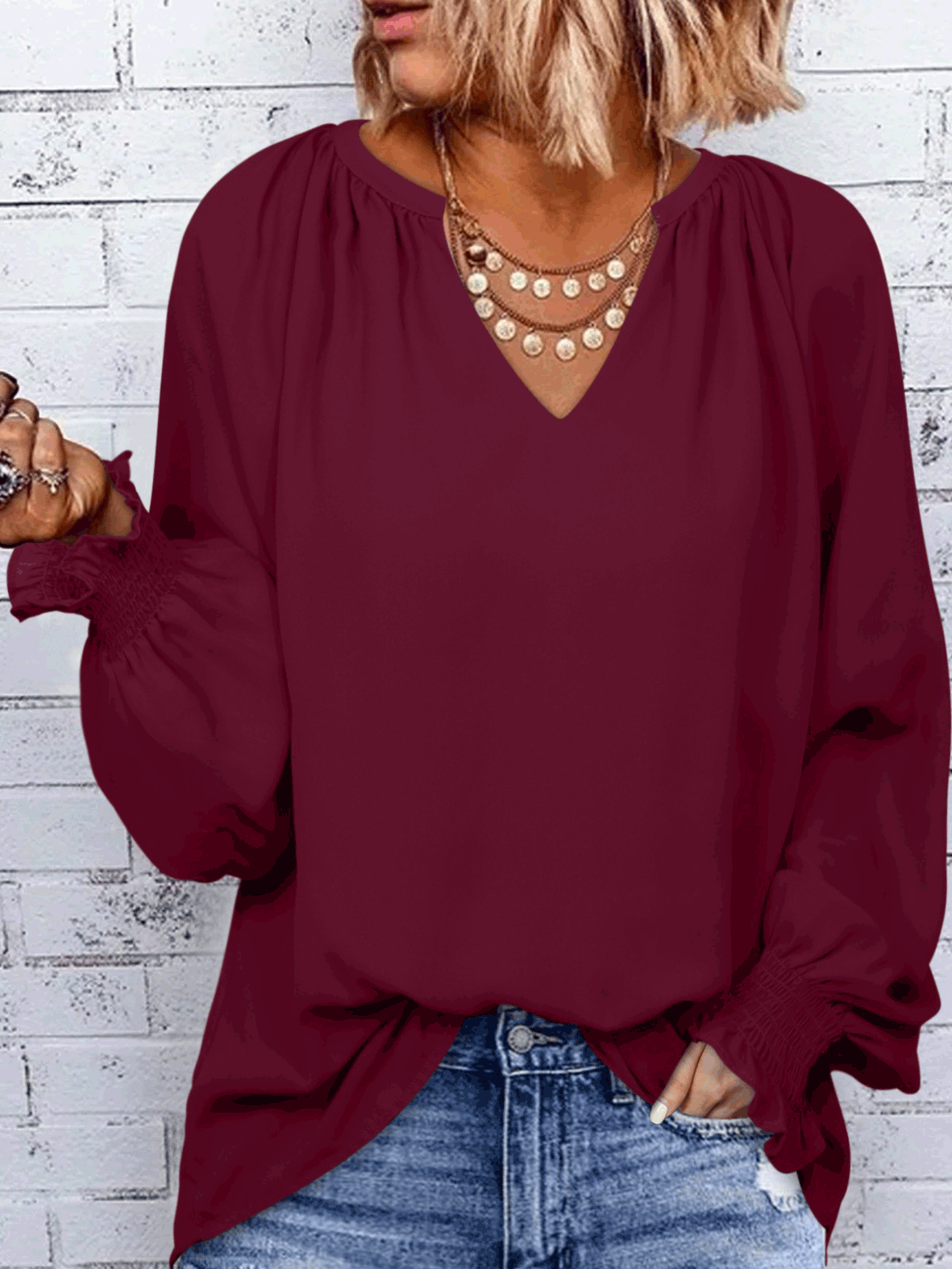 Women's Blouses Solid Simple V-Neck Long Sleeve Blouse