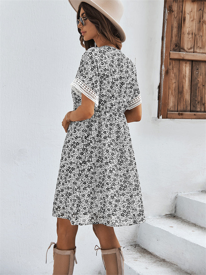 Fashion Women's Dresses Summer V-neck Chiffon Skirt Printed Short-sleeved Dress Yellow Green Black Blue