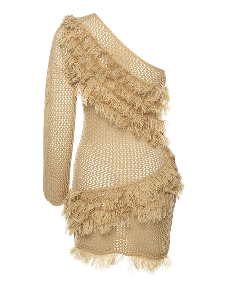 Fringe Trim Hollow Out One Shoulder Mini Dress