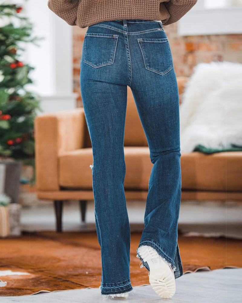 90s Vintage Ripped Split Hem Zip Fly Flare Jeans