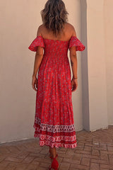 Francisca Boho Floral Smocked Off Shoulder Midi Dress