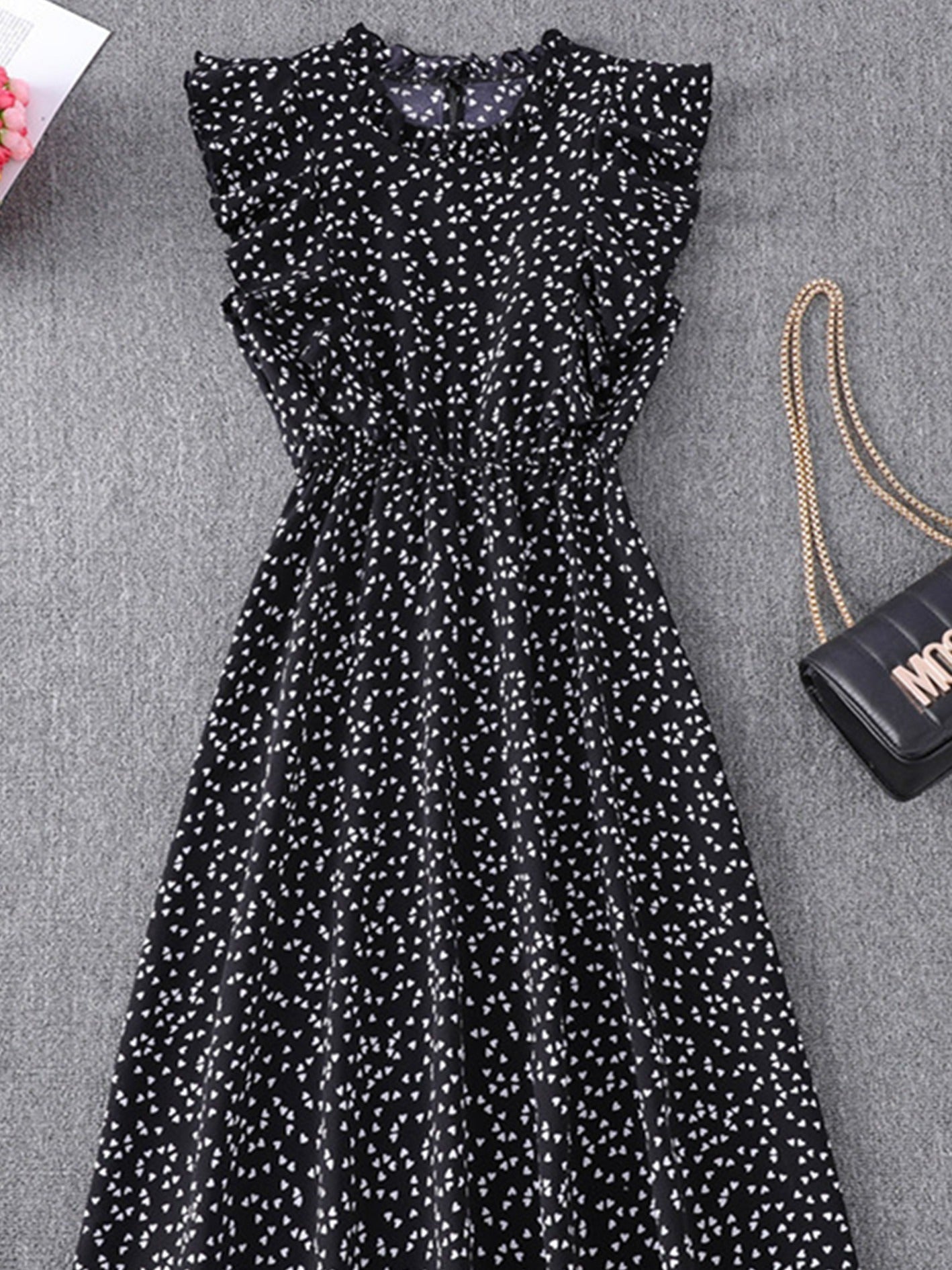 Elegant Floral Print Ruffle A-line Midi Chiffon Sun Dress