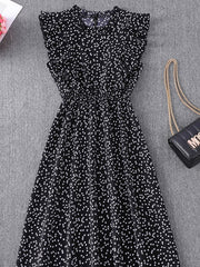 Elegant Floral Print Ruffle A-line Midi Chiffon Sun Dress