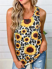 Summer New Tank Top T-shirt Female U-neck Leopard Sunflower Print Backless Hollow Casual Sleeveless Temperament Elegant Tops Female