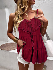 Spring and Summer Casual Vacation Halter Neck Flower Knitted Solid Color Tops Gray Red Green Blue S M L XL