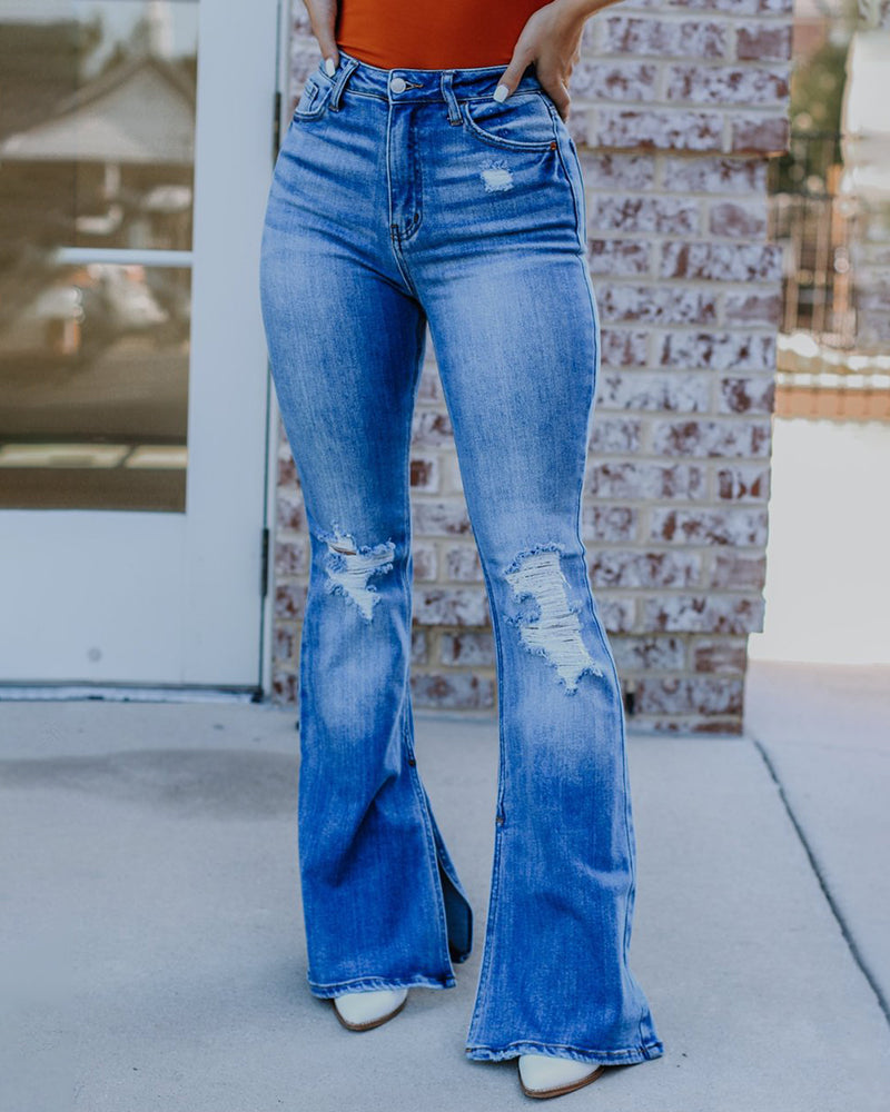 90s Vintage Distressed Split Hem High Waist Flare Jeans