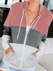 Contrasting Color Zipper Pocket Hooded Sweatshirt