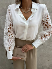 Casual V-Neck Lace Long Sleeve Lantern Shirt Blouse