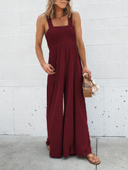 Stretchable Pocket Straps Shirred Wide Leg Jumpsuit