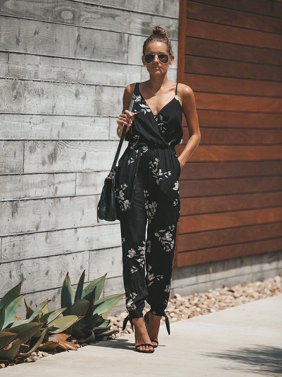 Spaghetti Strap Floral Print Jumpsuit Rompers