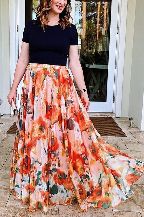 Floral Print Chiffon Maxi Skirts