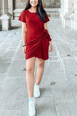 Solid Knot Short Sleeve Mini Dress