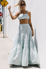 2pcs Solid Color Crop Top Tiered Maxi Skirt Set