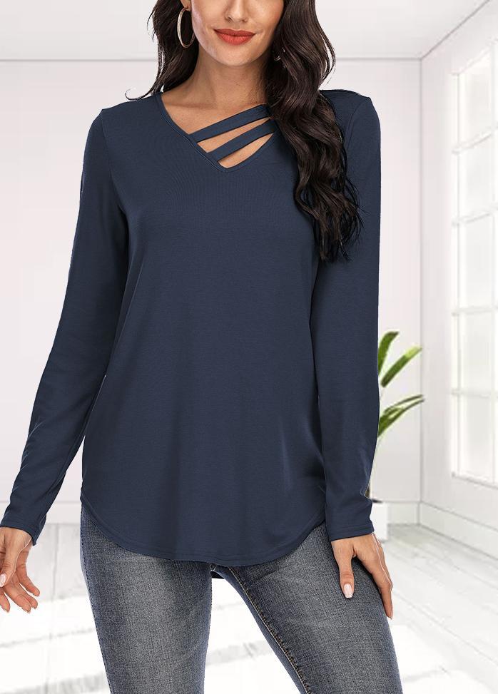 Long Sleeve Solid Color V Neck T-shirt